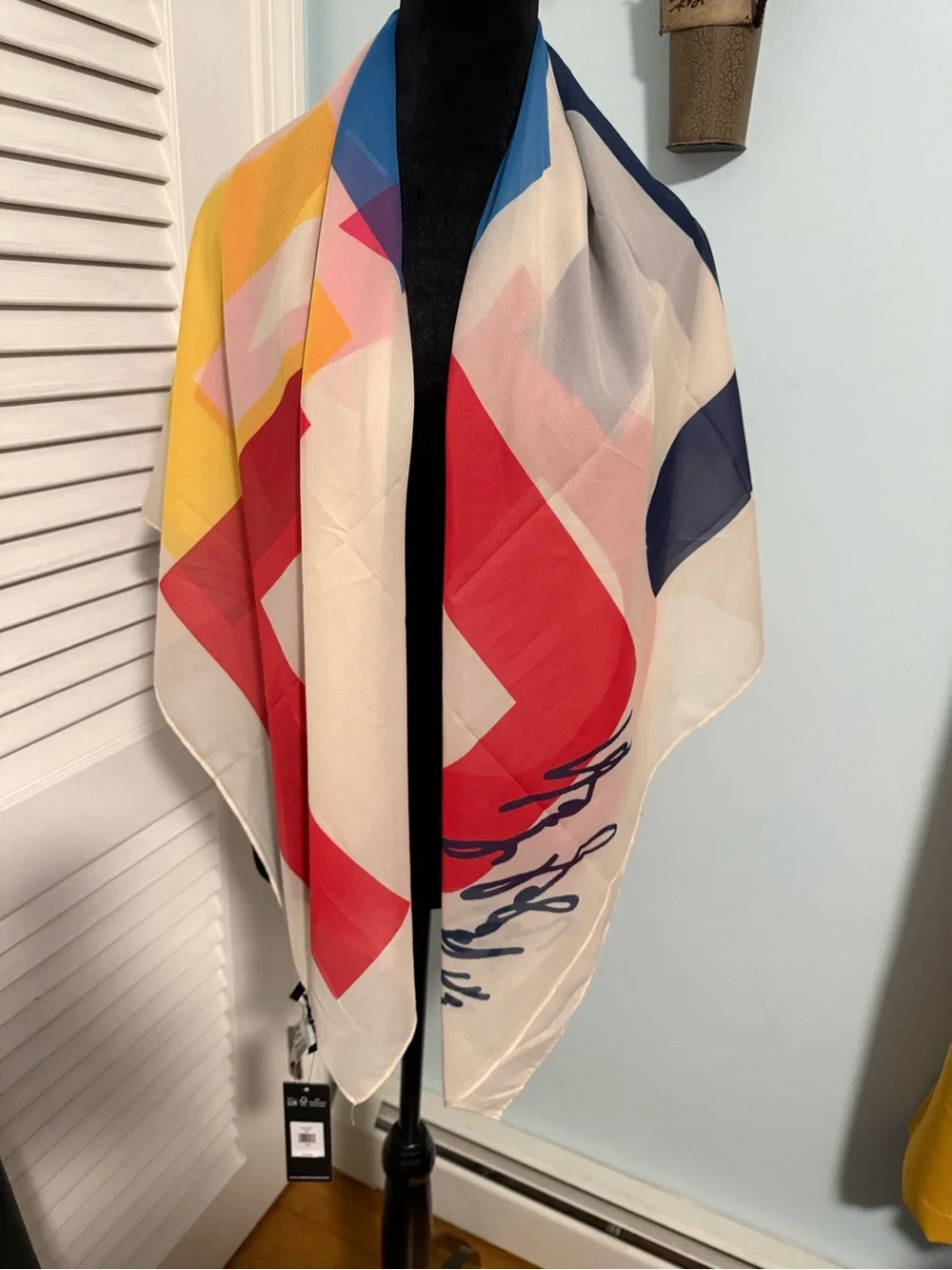 Karl Lagerfeld Cream Scarf with Red and Blue Accents and Karl Signature!